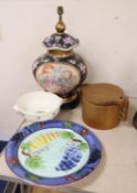 A large Chinese style baluster table lamp, a Wedgwood bowl and painted pottery dish (3)