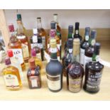 A mixed collection of wines and spirits, including vintage ports and whiskies