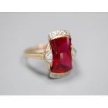 A 1950's? 10k yellow metal and fancy cut synthetic? ruby and diamond chip set dress ring, size L/
