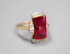 A 1950's? 10k yellow metal and fancy cut synthetic? ruby and diamond chip set dress ring, size L/