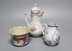 A Chinese export famille rose sparrowbeak jug, a ewer and cover and a mandarin pattern pot,