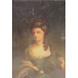 19th century English School, oil on canvas, Portrait of a lady holding a rose, 41 x 31cm, unframed