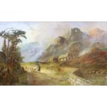W. Richards, oil on canvas, Shepherd and flock passing a cottage, signed, 29 x 49cm