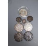 A Charles II 1673 crown, an 1889 double florin, an 1818 crown, a 1780 thaler, a 1787 shilling, a