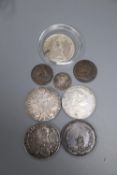 A Charles II 1673 crown, an 1889 double florin, an 1818 crown, a 1780 thaler, a 1787 shilling, a