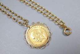 A George V 1911 gold sovereign, in yellow metal pendant mount, on a 9ct chain, gross 19.1 grams.