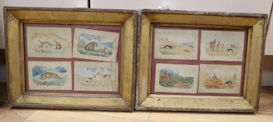 Victorian School, eight watercolours on card, Sporting scenes and studies of bid cats, wolves and