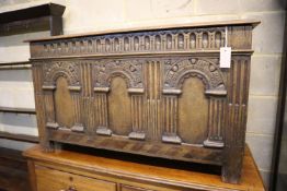 A small 18th century style oak coffer, width 106cm, depth 45cm, height 61cm