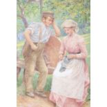 Attributed to Charles Sillen Lidderdale, watercolour, Courting couple in an orchard, monogrammed and