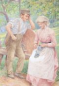 Attributed to Charles Sillen Lidderdale, watercolour, Courting couple in an orchard, monogrammed and