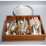 A silver plated Kings pattern canteen and a plated salver