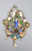 A 19th century Austro-Hungarian white metal, polychrome enamel, baroque pearl and diamond set drop