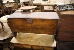 A 17th century oak six plank coffer, length 101cm, depth 35cm, height 57cm