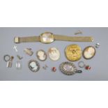 Assorted jewellery including a Victorian silver locket, three cameo shells etc and a gold plated