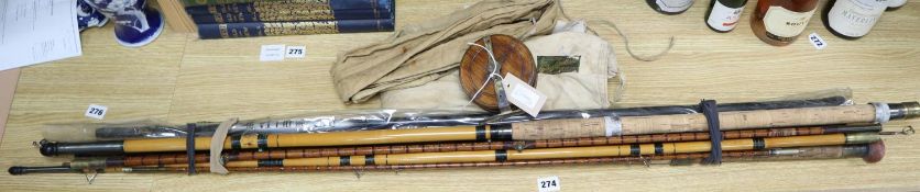 A Hardy's three-section split-cane fishing rod, in Hardy canvas case, one other three-section rods