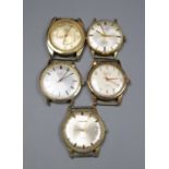 Five assorted strapless wrist watches including Rotary and Etna.