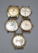 Five assorted strapless wrist watches including Rotary and Etna.