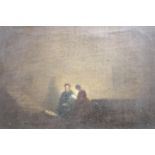 After Rembrandt, oil on canvas, Candlelit figures, 9 x 14cm