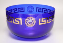 A Versace Rosenthal 'Medusa' gilt-decorated blue glass bowl, Dia 25.5cm