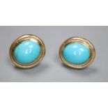 A pair of modern 9ct gold and cabochon turquoise set oval earrings ( one stone a.f., 12mm, gross 5.5