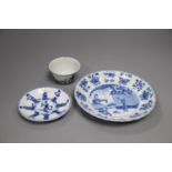 A Chinese Kangxi blue and white saucer dish and a similar tea bowl and saucer