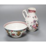 An 18th century Chinese export ceramic jug, lacking cover, together with a famille rose bowl,