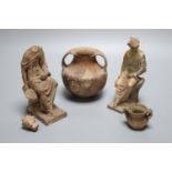 An ancient pottery two handled jar, a.f., two late 19th century terracotta models of classical