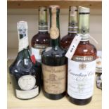 Three bottles of Canadian Club, Apple Jack Brandy and Dom Benedictine (5)
