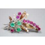 A modern 9ct gold, ruby, emerald and seed pearl set foliate spray brooch, 41mm, gross 6.4 grams.