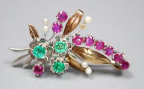 A modern 9ct gold, ruby, emerald and seed pearl set foliate spray brooch, 41mm, gross 6.4 grams.