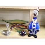 Five items of Art glass, including a 'clown' flask and stopper, a heavy shaped oval bowl, a