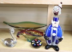 Five items of Art glass, including a 'clown' flask and stopper, a heavy shaped oval bowl, a