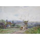 Claude Hayes (1852-1922), watercolour, Horse rider passing a cottage, signed, 24 x 34cm