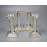Two pairs of silver corinthian column dwarf candlesticks, Sheffield, 1920 and Sheffield, 1962,