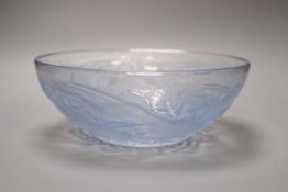 A Lalique 'Chiens' frosted and blue stained glass bowl, moulded mark 'R Lalique', engraved France