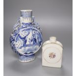 A 19th century Chinese blue and white moon flask, 22cm and a A Chinese famille rose tea canister