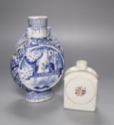 A 19th century Chinese blue and white moon flask, 22cm and a A Chinese famille rose tea canister