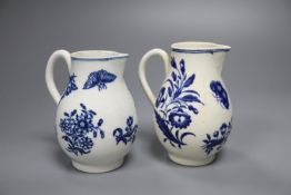 Two Worcester 'Three Flowers' sparrow beak jugs, c.1775, 10cm