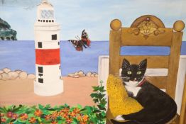 J.K. Gerstorferoil on canvasCat, butterfly and lighthousesigned18 x 21in.CONDITION: Oil on