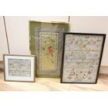 Two Victorian alphabet samplers, larger dated 1887, 44 x 32cm and a Chinese coloured silk depiction