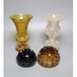 A Bohemian glass vase, a baluster vase and two glass frogs, tallest 22cm