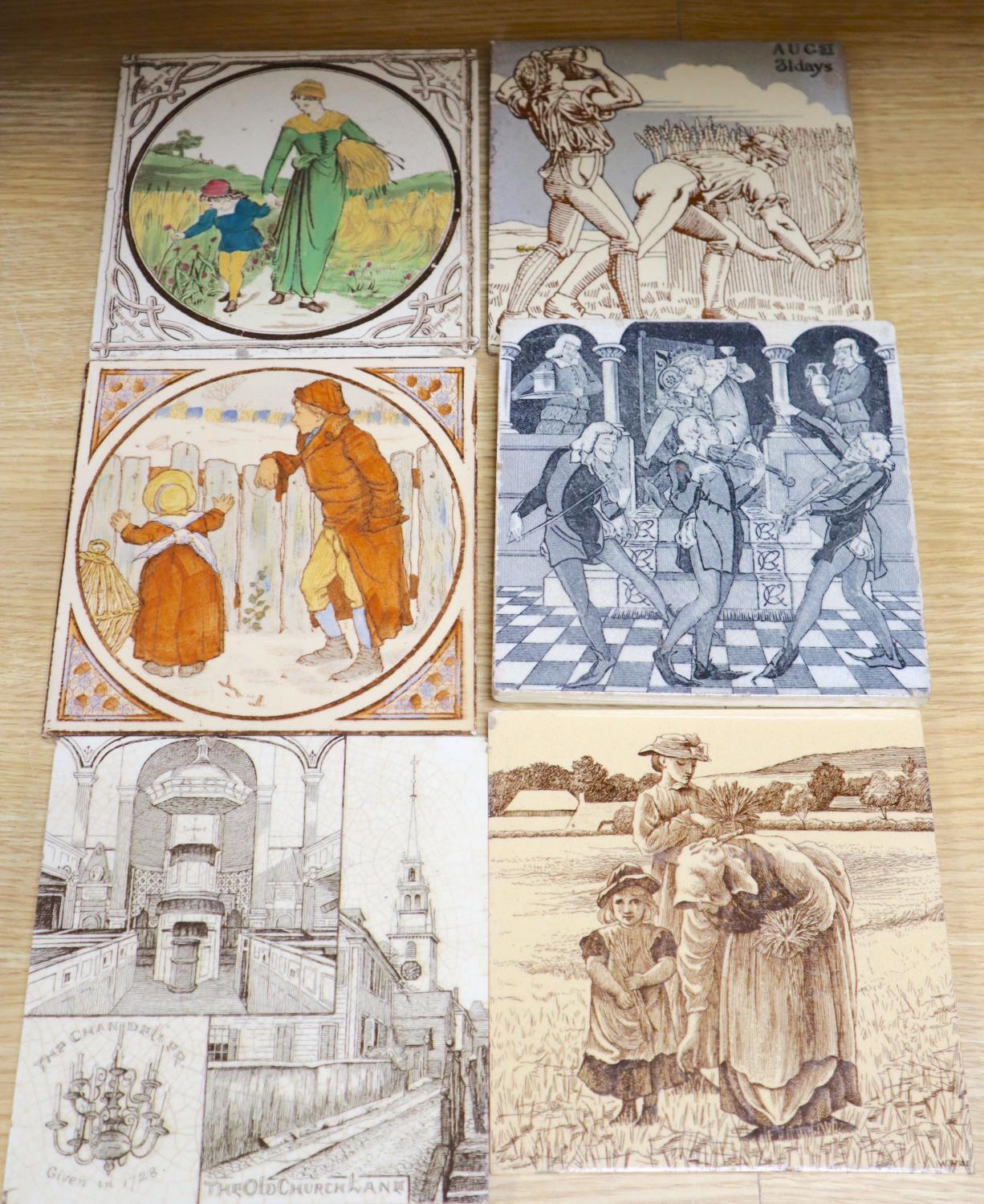 A group of six Victorian printed pictorial ceramics tiles, 15cm sq., ex Peter Creffield Collection