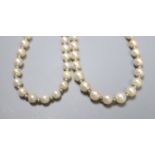 Two similar French silver strand cultured pearl necklaces with diamond set white metal( French