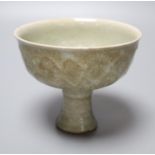 A Chinese Guan type celadon ground stem bowl, height 11cm