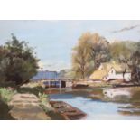 Modern British, oil on board, River landscape with a weir, 44 x 55cm