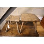 Two oak and elm primitive stools, larger 39cm high