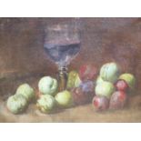 Continental School c.1900, oil on canvas, Still life of a glass of wine, greengages and plums, 24