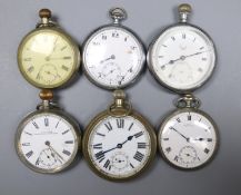 Six assorted base metal pocket watches.