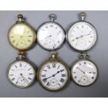 Six assorted base metal pocket watches.