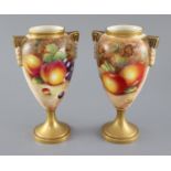 A pair of Royal Worcester fruit painted oviform vases, post-war, painted by J. Cook & P. Lynes, with